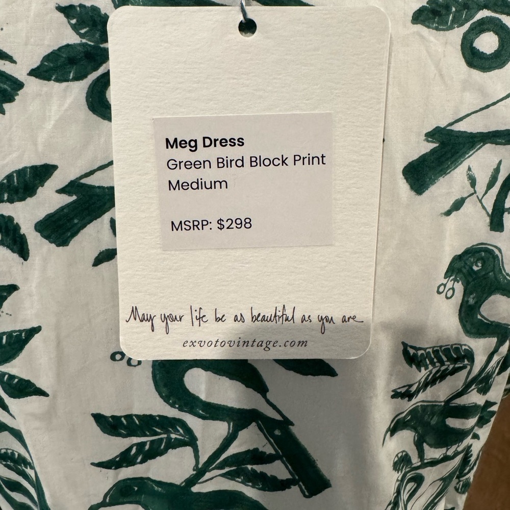 NWT Ex Voto 100% Cotton White Green Bird Block Printed Maxi Dress Green SZ M - Picture 11 of 12